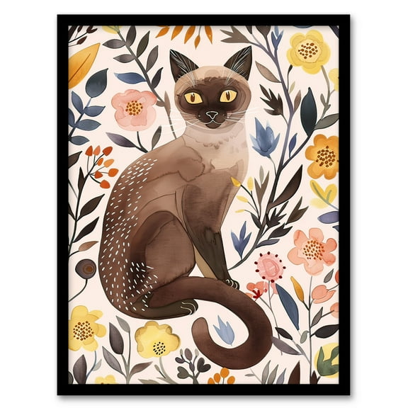 Artery8 Burmese Cat Lover Watercolour Wildflower Portrait Living Room Art Print Framed Poster Wall Decor 12x16 inch