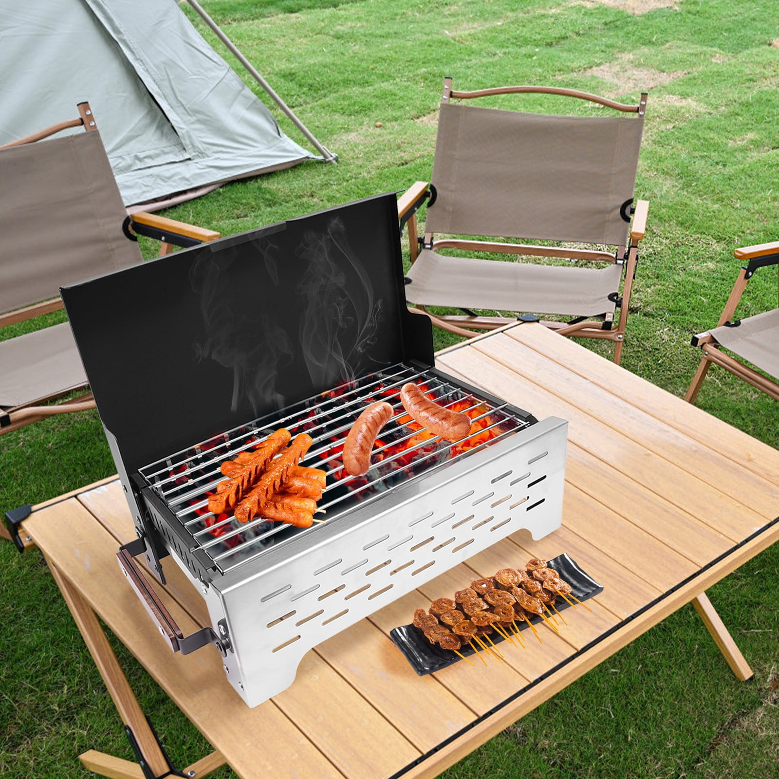 20.79*10.31*2.44 in Modern Plastic Spraying Black Silver Rectangular Portable Charcoal Grill for Gatherings