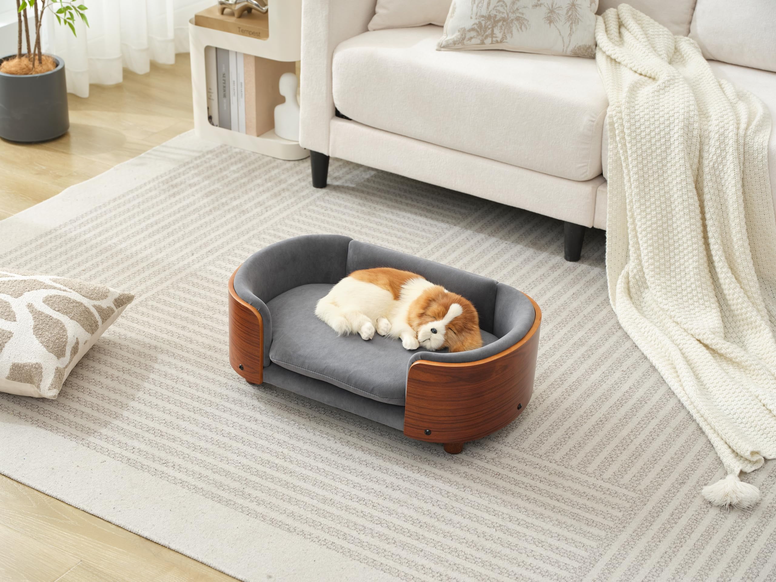 Scandinavian Style Elevated Dog Bed Pet Sofa with Solid Wood Legs and Bent Wood Back, Velvet Cushion, Small Size, Walnut Frame & Dark Grey Cushion