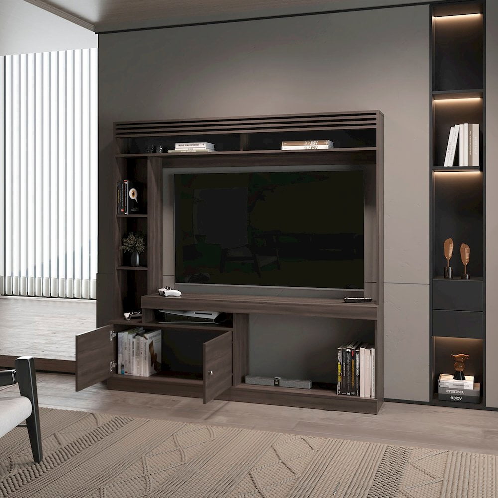 Fm Furniture Rock House Entertainment Center with Two Doors and Open Storage, Stained Walnut
