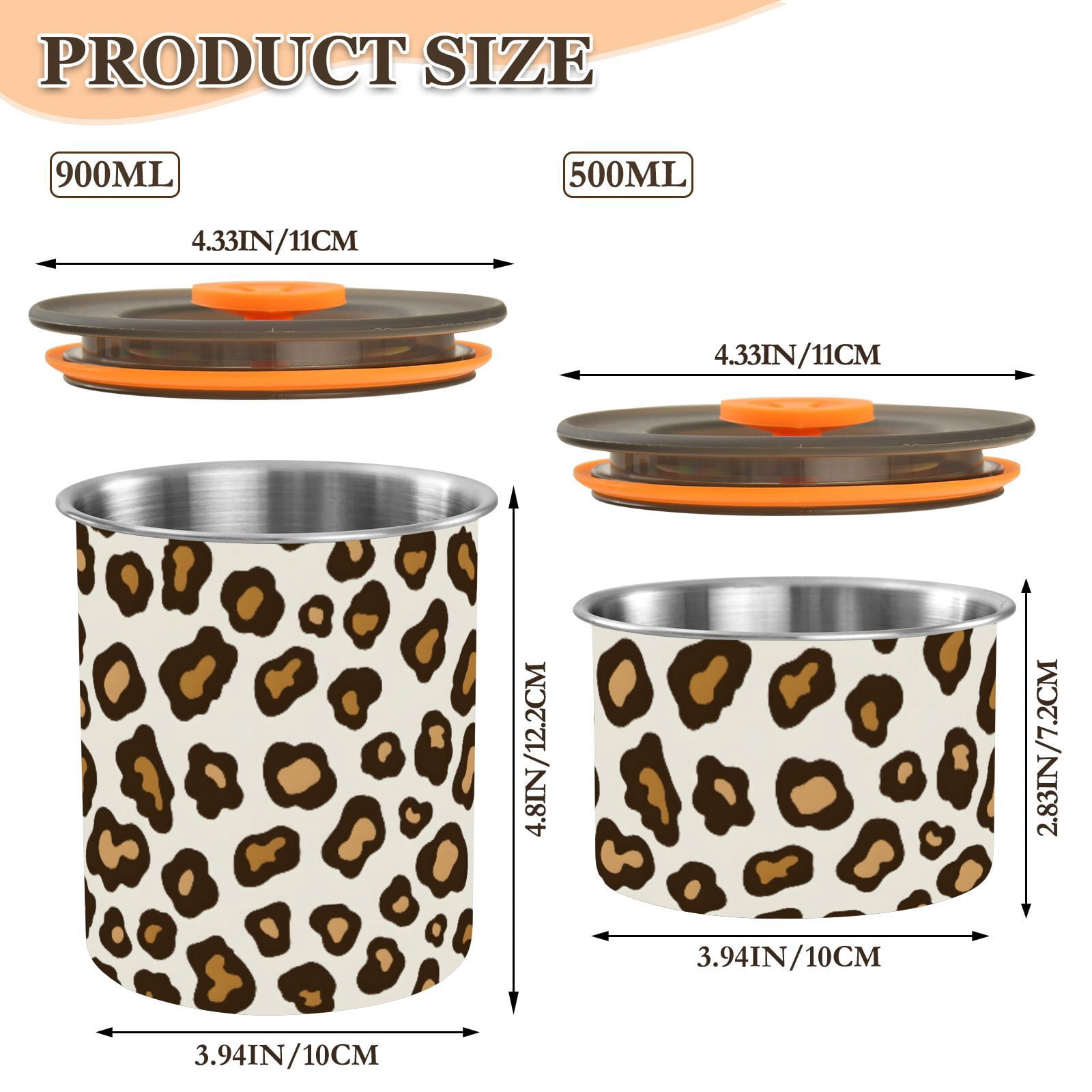 Leopard White & Brown Cheetah Print Airtight Coffee Bean Canister 30oz Food Storage Containers with Lids For Gournd, Tea, Sugar, Flour, Rice, Cereal, Candy Cookie Jar