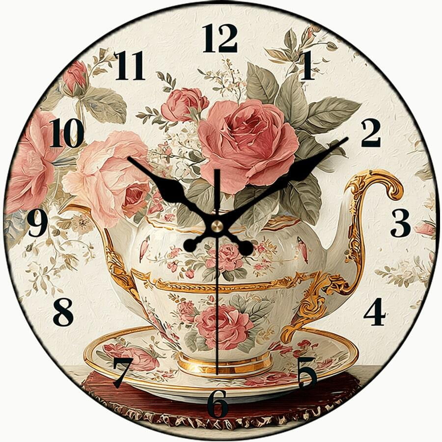 Vintage Pink Rose Teapot Round Wall Clock, Silent Non-Ticking Floral Kitchen Clock, Shabby Chic Victorian Decor for Dining Room Bedroom Home