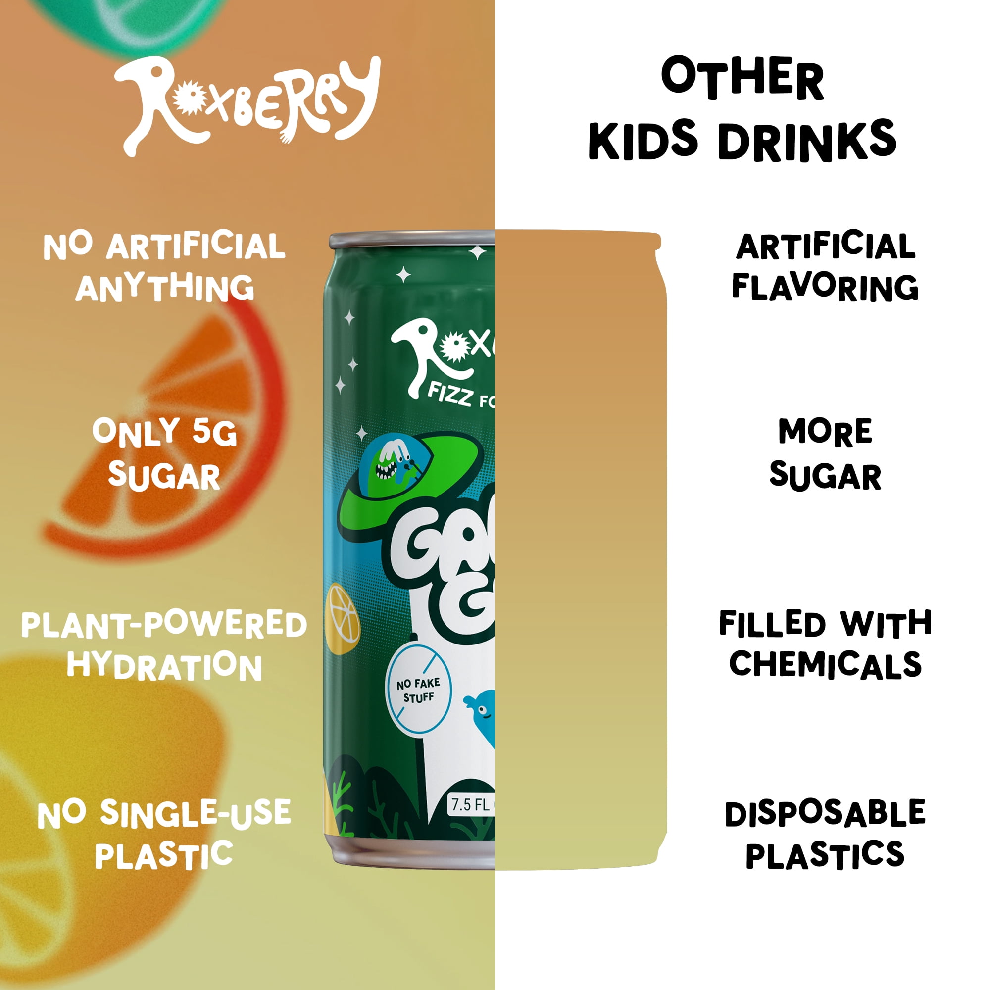 (6 pack) Roxberry Low Sugar Soda for Kids – Orange Citrus, 5g Sugar, No Artificial Flavors or Sweeteners – Plant-Powered Sparkling Juice, 7.5 fl oz (4 pack)