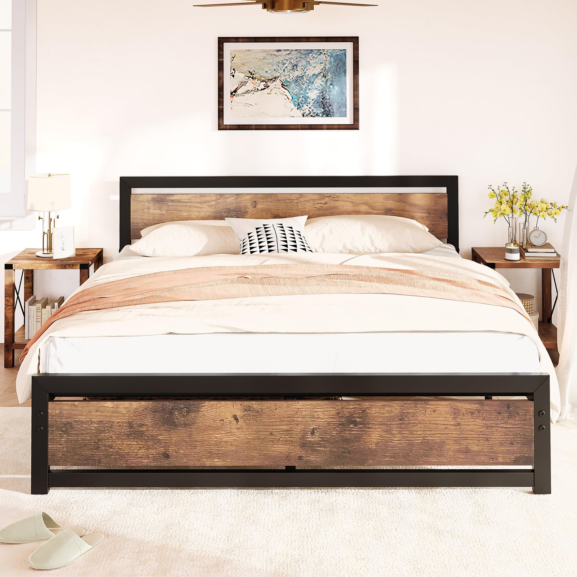 King Size Bed Frame with Wooden Headboard and Footboard, Metal King Bed Platform No Box Spring Needed, 14 inch Easy to Assemble Noise Free King Bed Frame, Rustic Brown