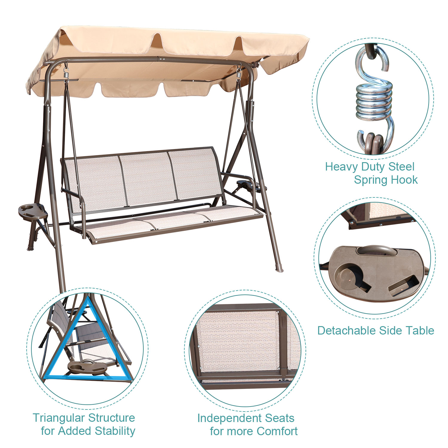 3 Person Beige Patio Swing Seat with Adjustable Canopy, All Weather Resistant Hammock Swinging Chair Bench - image 3 of 11