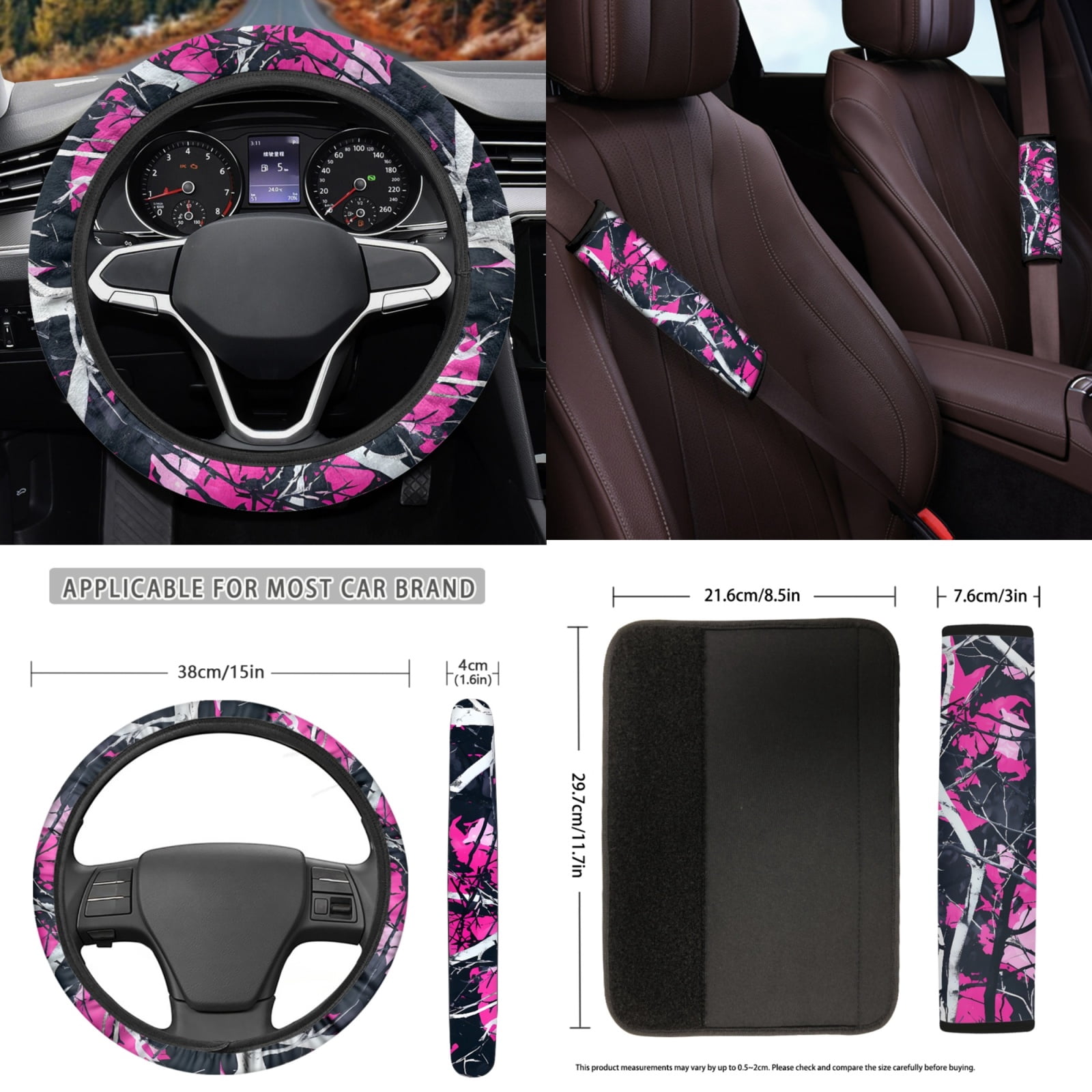 Yuyamidu Camo Hunting Car Seat Covers Full Set of 15 Pink Wood Car Floor Mats Auto Steering Wheel Cover Seatbelt Covers Cup Coasters Handbrake Cover Set Vehicle Accessory Decor