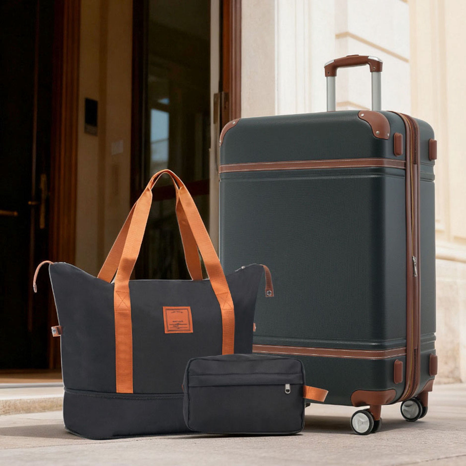 S-HOME Versatile  Hardshell Luggage Set in Vintage Design with 24 Inch Suitcase, Travel Duffel Bag and Toiletry Bag, TSA Lock and Spinner for All Journeys, Black