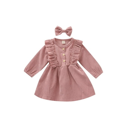 

Toddler Baby Girl Winter Dress Corduroy High-Waist Ruffle Buttons Princess Dress With Bow Headband