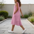 thumbnail image 4 of Dvprdro Solid Cotton Linen Crewneck Sleeveless Midi Dress for Women Ruched Bodice Flared Hem Loose Fit Summer Beach, 4 of 6