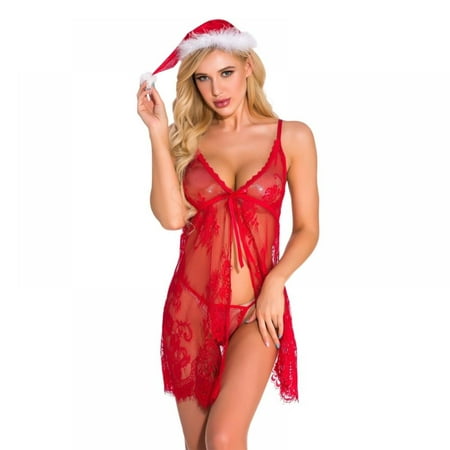 

Lace Lingerie Set For Women Sexy Deep V Collar Semi-sheer Erotic Three Piece Christmas Wear Babydolls Negligees Chemises