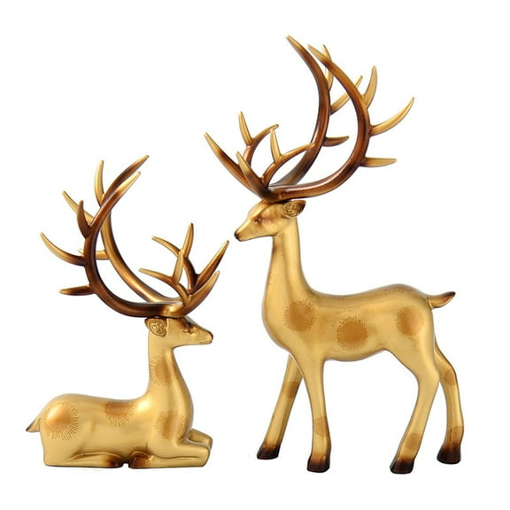 Christmas Reindeer Figurines, 2PCS 3D Geometric Elk Resin Statue Seated Standing Elegant Lucky Deer, Craft Gold Deer Sculpture for Living Room, TV Cabinet,Bedroom, Office Desktop