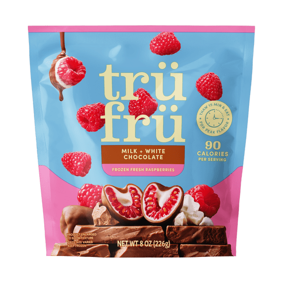 Tru Fru Frozen Raspberries in Milk & White Chocolate, 8oz