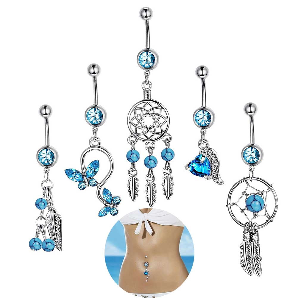 5PCS Surgical Steel Crystal Dangle Navel Rings Belly Button Piercing Jewelry 