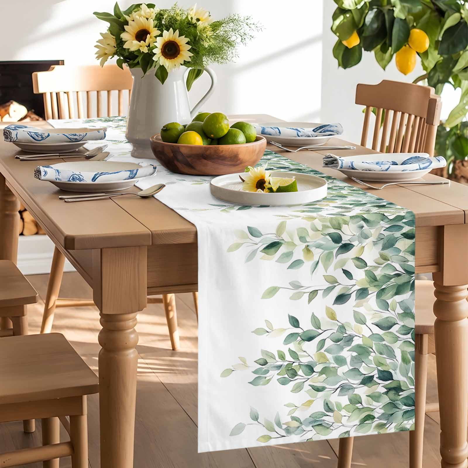Green Watercolor Eucalyptus Leaves Table Runner 90 Inches Long, Spring Foliage on White Table Runners Tabletop Scarf Kitchen Dining Tables Decoration for Home Party Indoor Outdoor