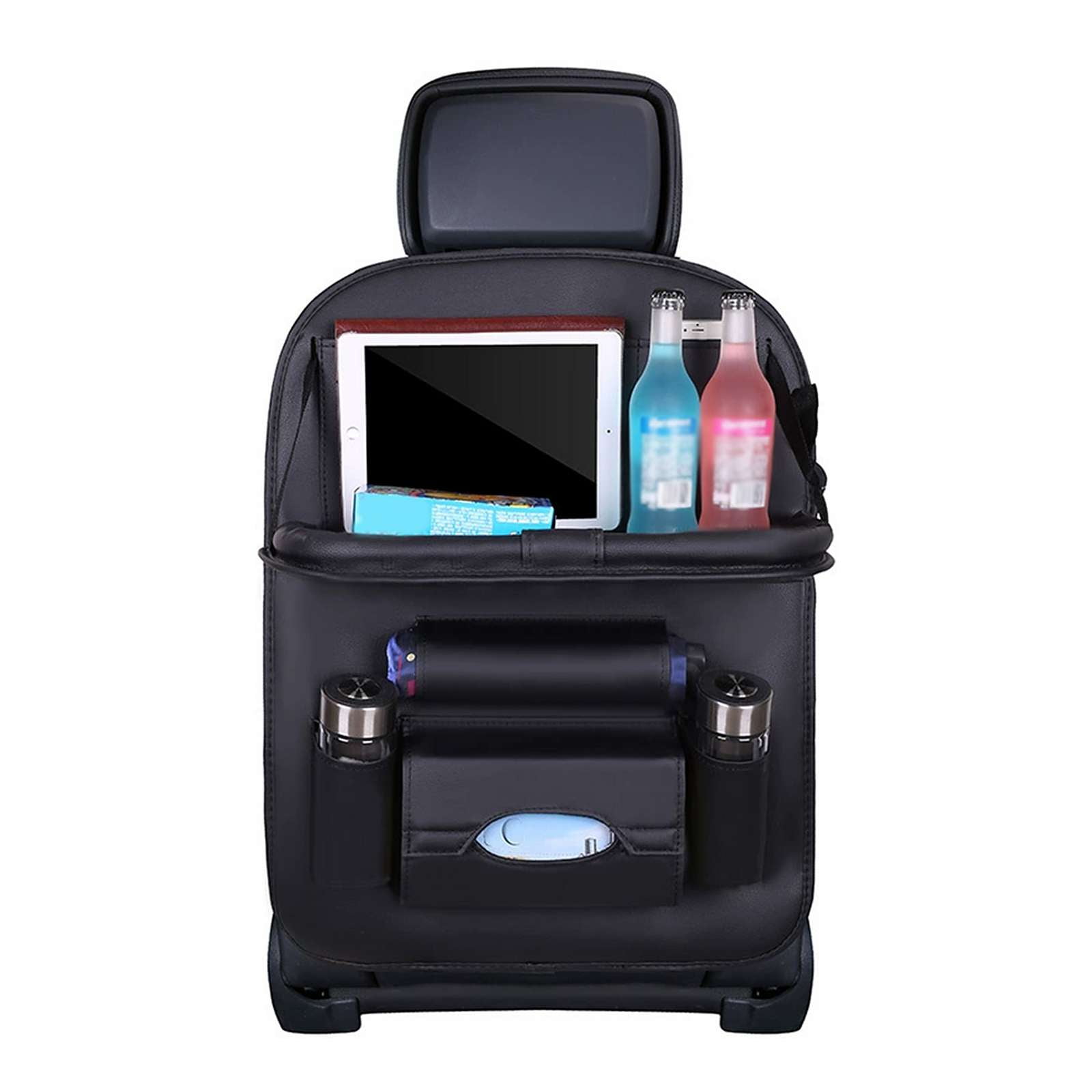 Leather Car Seat Back Organizer with Foldable Tray Table, Multi-Pocket Backseat Storage with Tablet Holder, Cup Holder, Tissue Box, Kick Mat Seat Protector for SUV and Road Trip Essentials