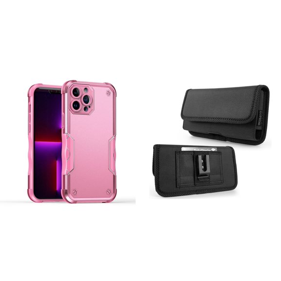 Case with Belt Holster Bundle for iPhone 14: Slim EX Hybrid Series Shockproof Case (Pink) and Horizontal Rugged Nylon Phone Pouch