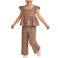thumbnail image 1 of Pounoo Womens Matching Sets Gingham Print Ruffle Sleeve Peplum Top Wide Leg Pants Cute Daily Style (For Small Wearers) Gift, 1 of 6