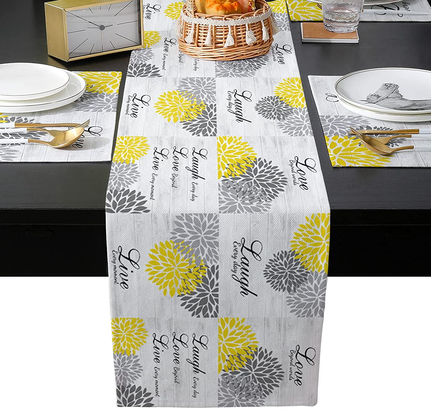Linen Gray Kitchen Tablecloth Table Runner With Poppy Field Flower Print