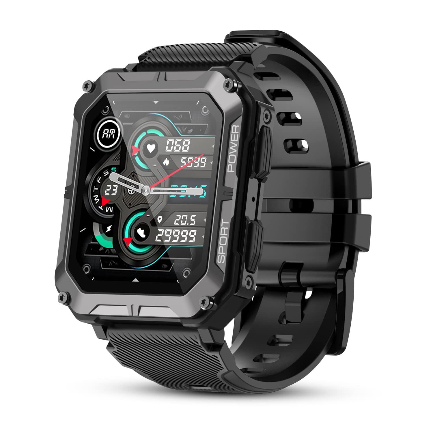 C20 PRO Military Smart Watches for Men IP68 Waterproof Rugged Bluetooth Call(Answer/Dial Calls) 1.83'' Tactical Fitness Watch Tracker for Android iOS Outdoor Sports(Black)