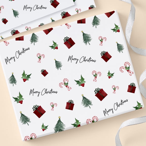 Personalization Mall Watercolor Christmas Icons Wrapping Paper Roll - 18ft Roll