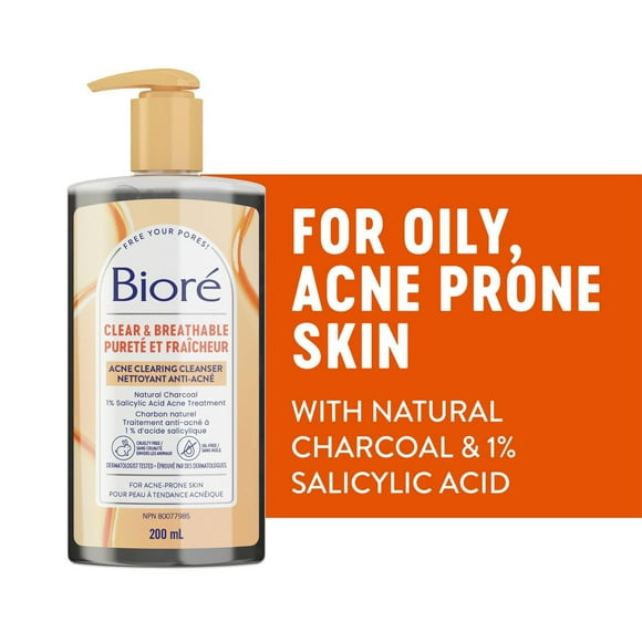 Bioré Charcoal Acne Clearing Cleanser, Salicylic Acid Face Wash for Oily, Acne Prone Skin, 200mL | Made in Canada