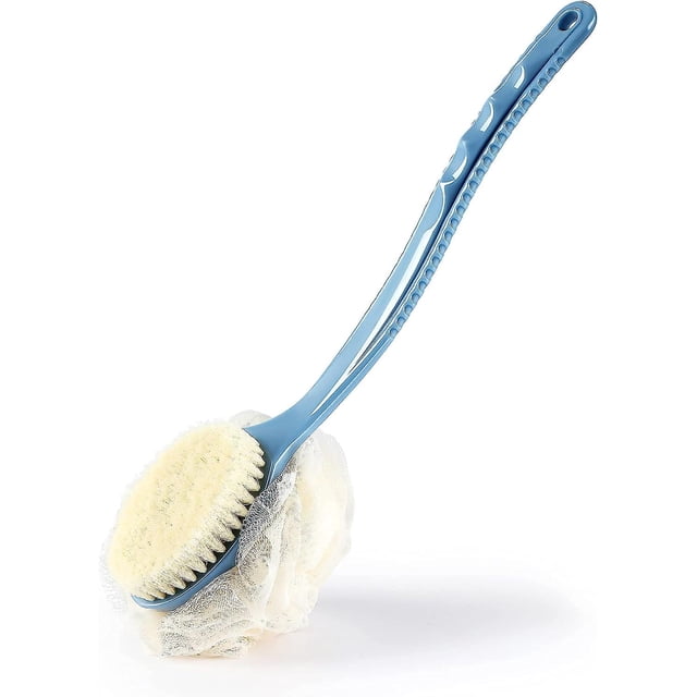 Cepillo para el cuerpo de la ducha con cerdas y lufa, esponja de malla para baño con mango largo curvado para baño exfoliante de la piel, cerdas de masaje adecuadas