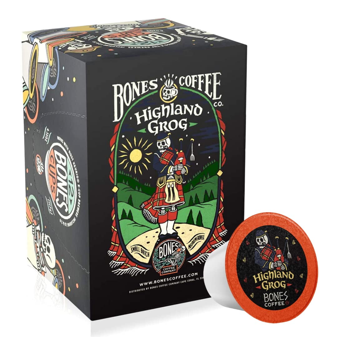 Bones Coffee Medium Roast K cups 12 ct. Single Serve Highland Grog Butterscotch and Caramel