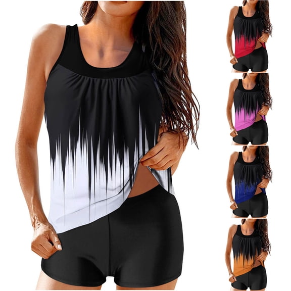 Tqyyweavej Women's Tankini Swimsuits Gradient Print Sleeveless Color Block Tank Top and Black Tummy Control Summer Swim Board Shorts
