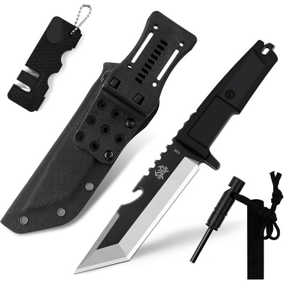 THRWCLUB Fixed Blade Outdoor Tool with Sheath, 11" Full Tang 420HC Steel with Rubber Grip, Fire Starter & Sharpener Included – Ideal for Camping, Hiking, and Bushcraft Use