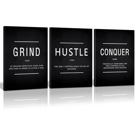 Grind Hustle Conquer Success Wall Art, Motivation Canvas Wall Decor Framed Inspirational Painting Quotes Positive Poster Wall Hanging Picture for Home Office Workplace - 12"Wx16"Hx3piece