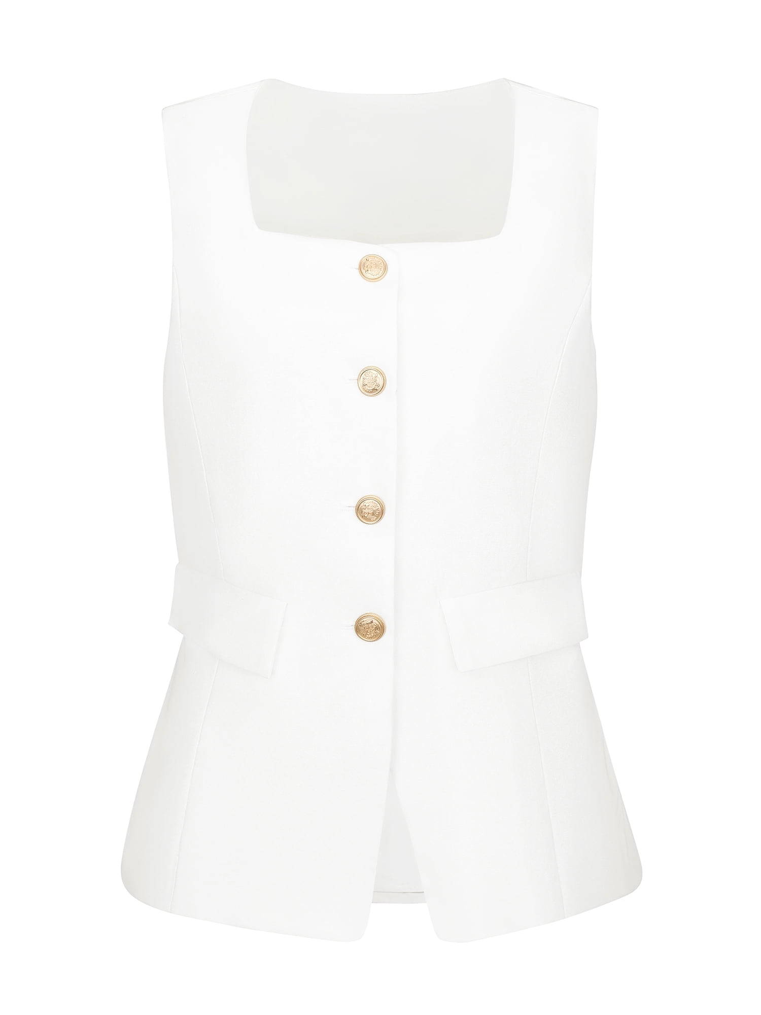 DARING DIVA Women's Stylish Square Neck Button Down Casual Linen Vest L White