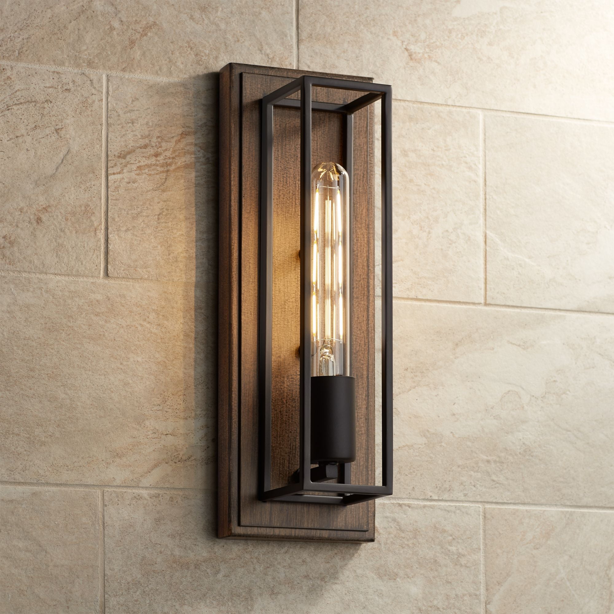 Possini Euro Design Modern Industrial Wall Light Sconce Wood Grain