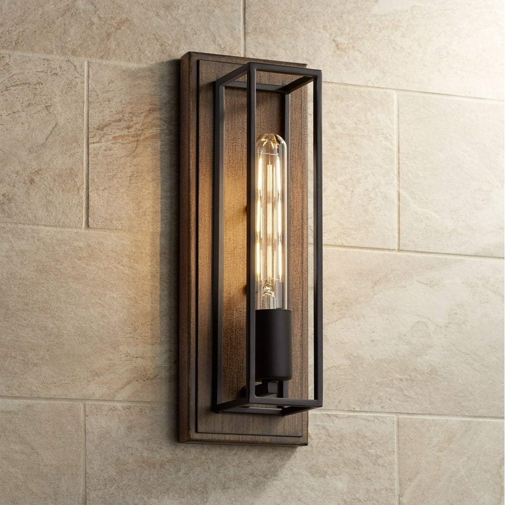 Possini Euro Design Modern Industrial Wall Light Sconce Wood Grain
