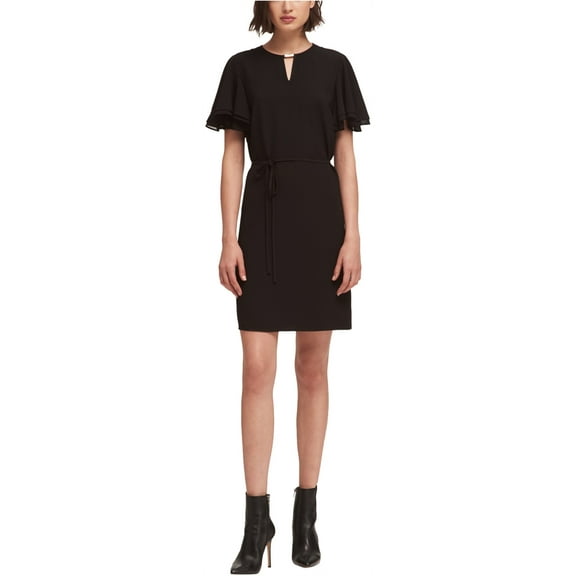 DKNY Womens Flounce Sleeve Sheath Dress, Black, Small