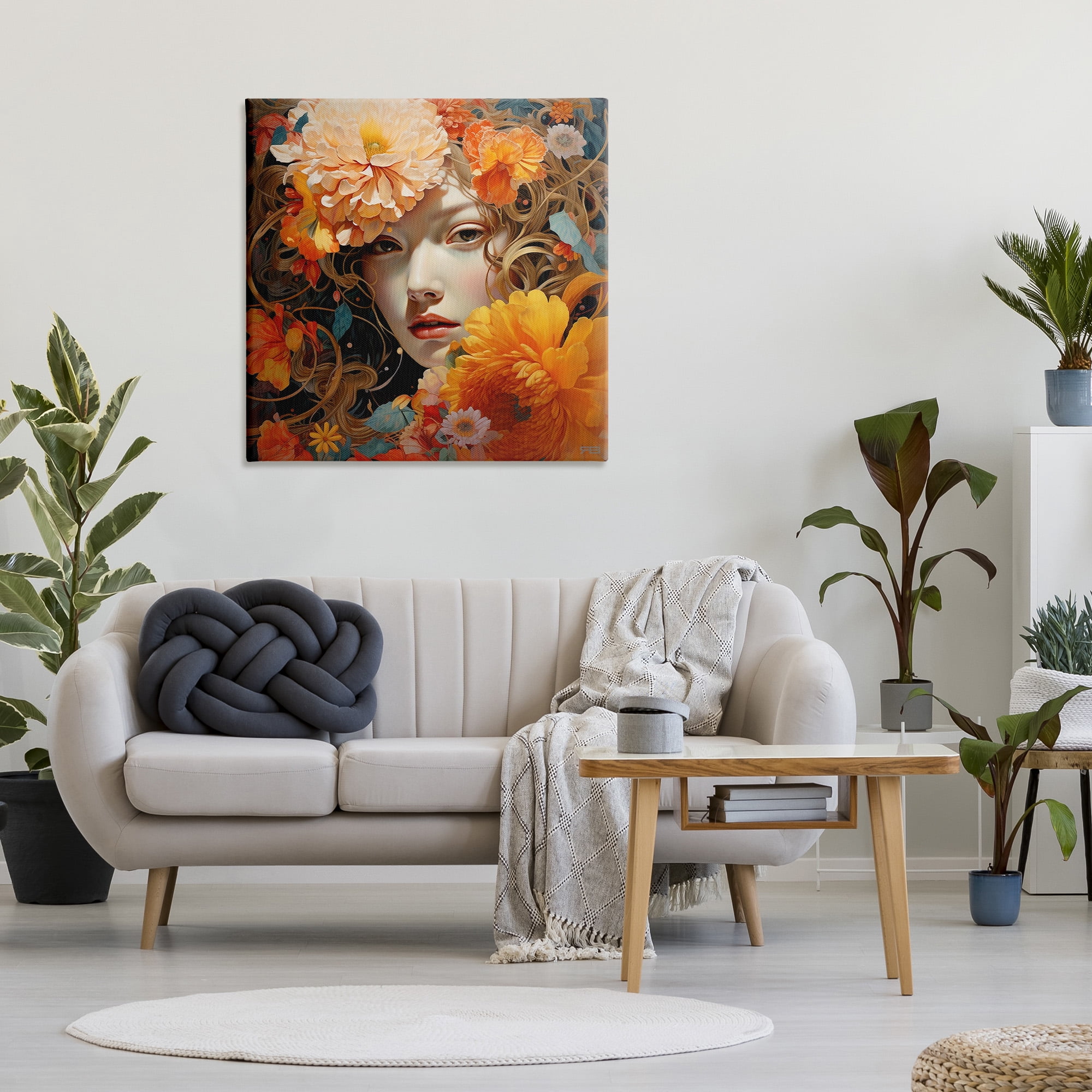 Stupell Industries Woman & Scattered Blossoms Botanical & Floral Painting Gallery Wrapped Canvas Art Print Wall Art, 36 x 36