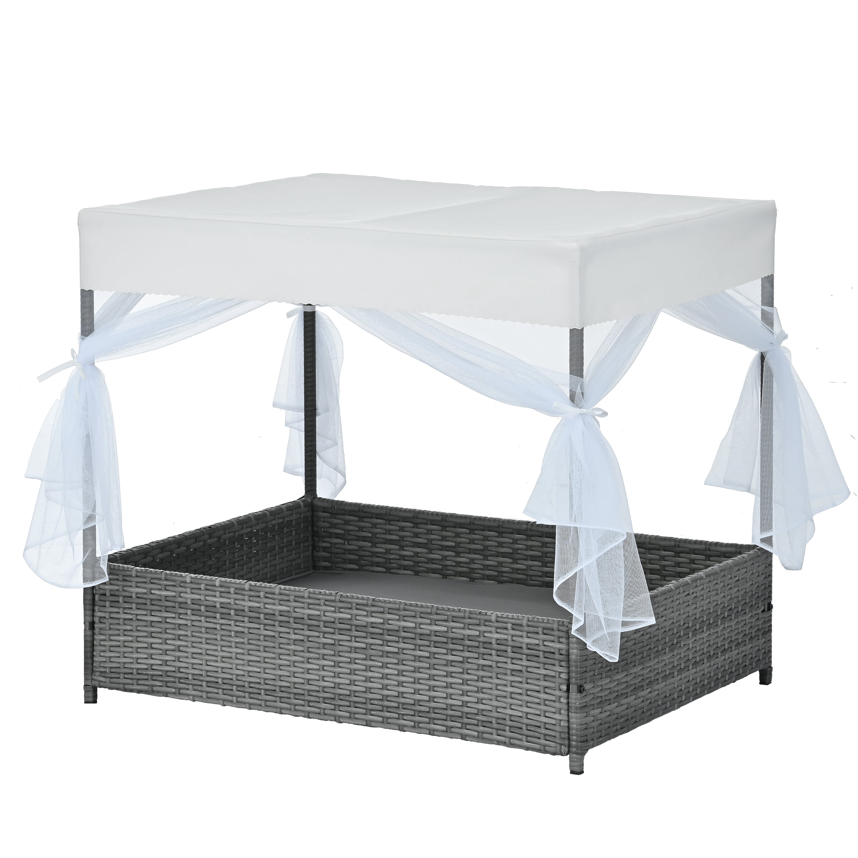 ZephyPaws 36" Dog Bed with Curtain, PE Wicker Pet Patio Furniture, Outdoor Elevated Pet Bed with Canopy & Cushion, Durable PVC Frame for Garden, Patio or Backyard