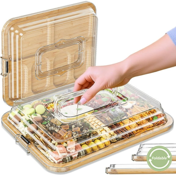 KitchenKey Charcuterie Boards with Foldable Lid,Portable Bamboo Cheese Board with 6 Compartments,Clear Locking Lid and Handle, Easy to Store, Suitable for Picnics,Camping,Parties & Housewarming Gifts
