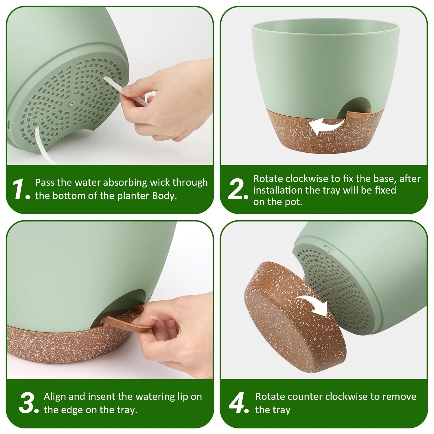 FOUKUS Set of 5 Self-Watering Plant Pots with Drainage – Eco-Friendly Plastic Planters for Indoor & Outdoor Use – Pots for Succulents, Cactus, Snake Plants (7", 6.5", 6", 5.5", 5") – Green