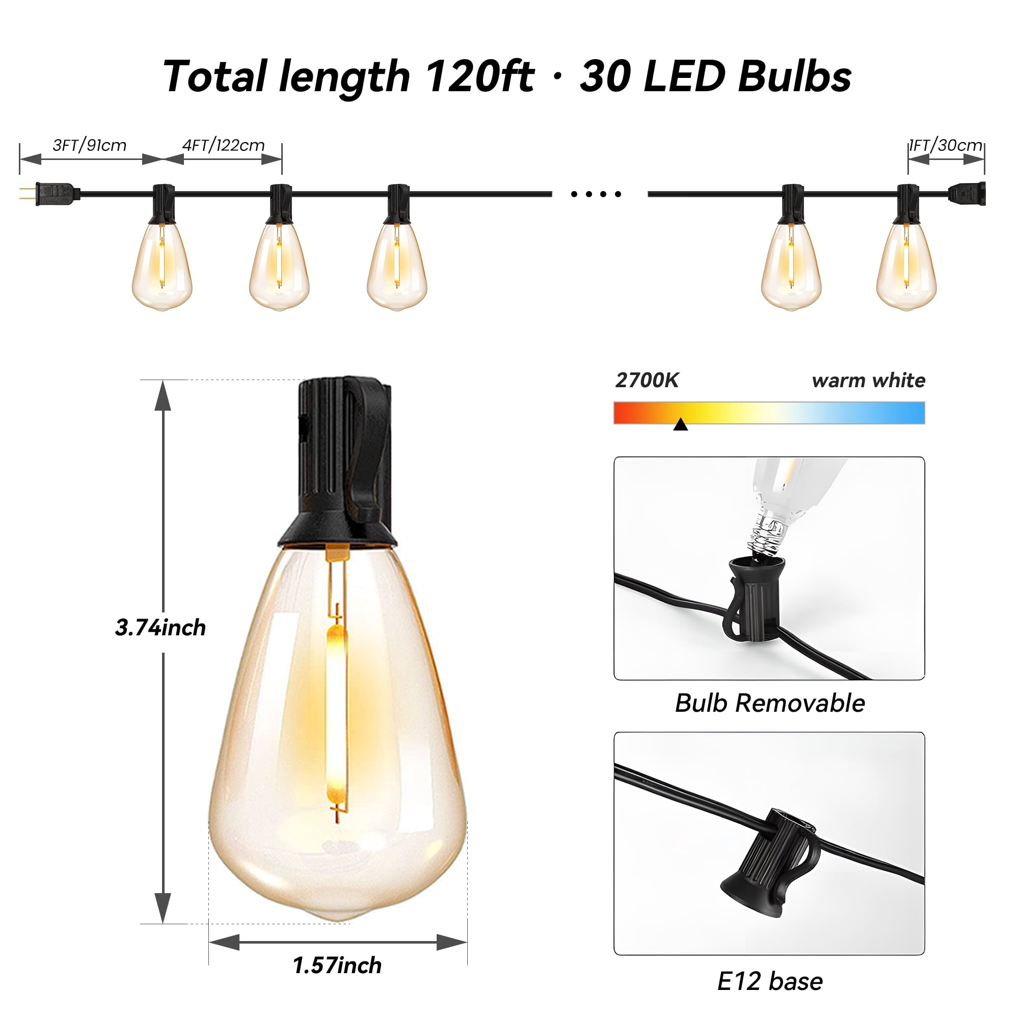 DAYBETTER Outdoor String Lights, 120FT Patio String Lights with 30 Shatterproof ST38 Bulbs, Waterproof Hanging Lights for Backyard, Garden, Wedding Decor