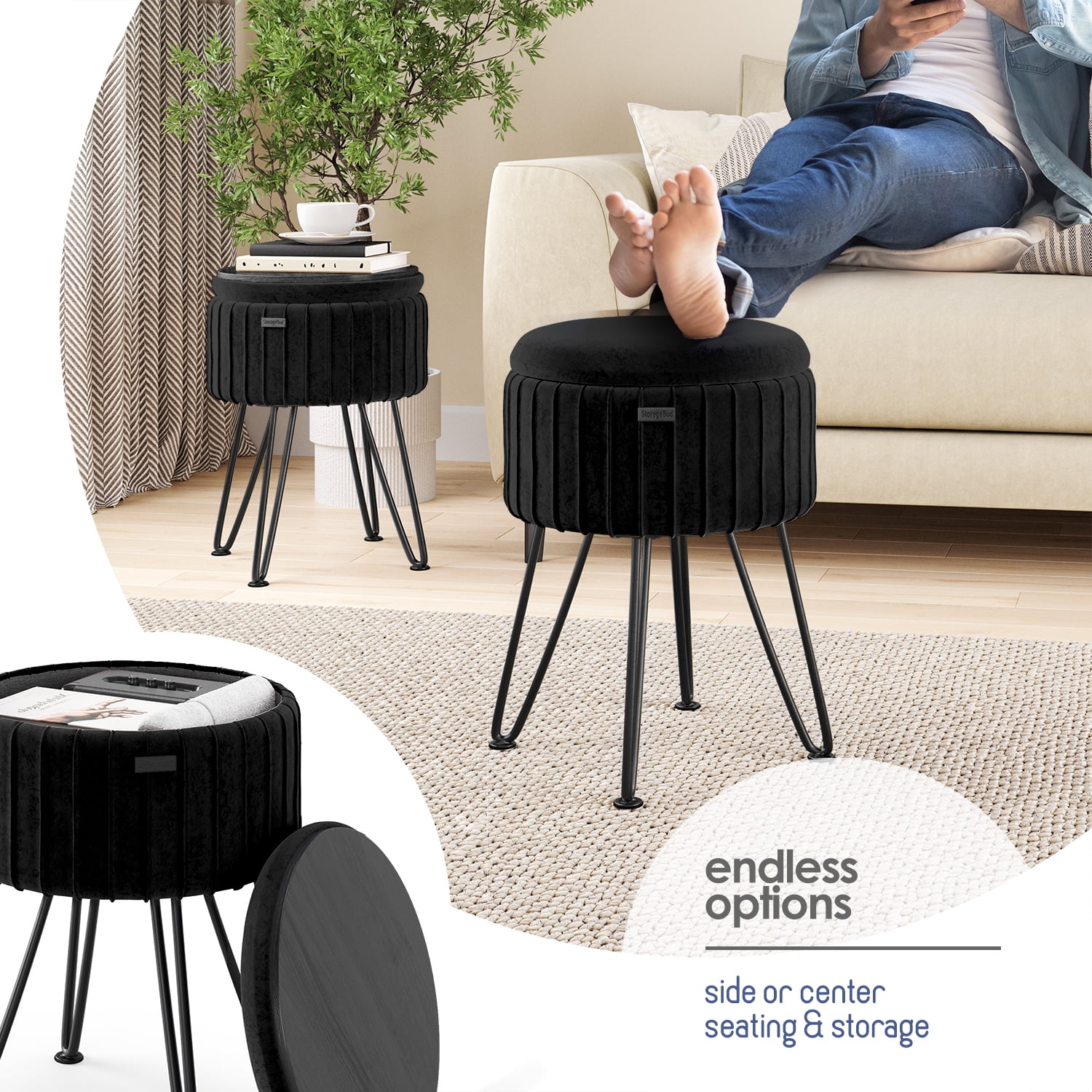 Hearth & Harbor Round Ottoman with Storage, Luxurious Foot Stool and Chic Vanity Stool with Storage, Elegant Pleated Velvet Black