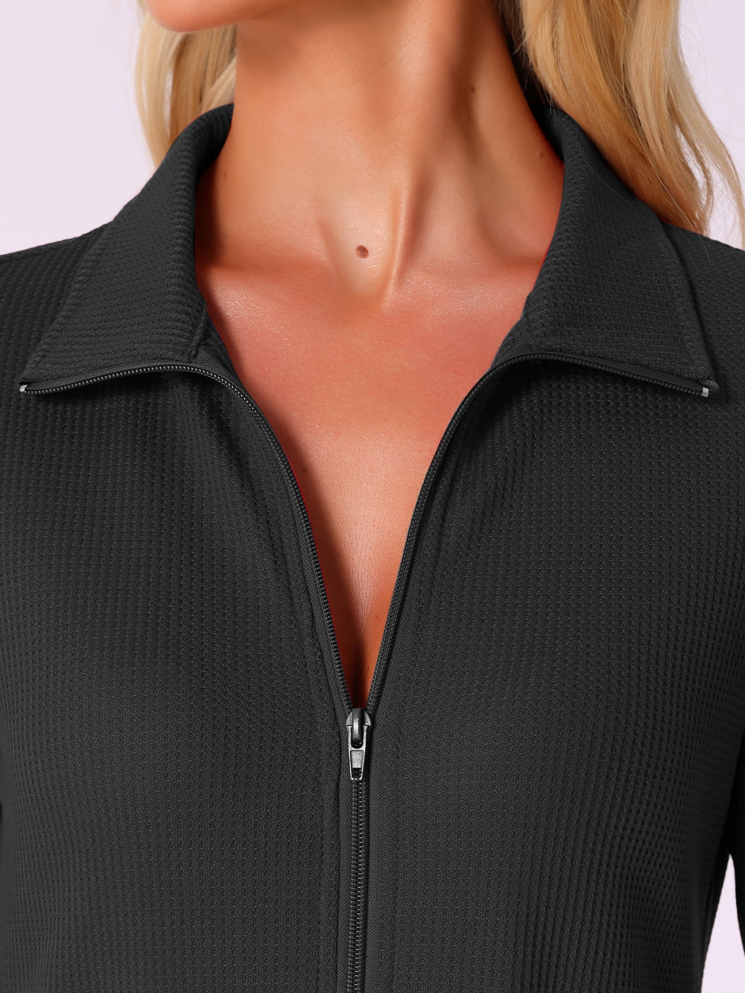 DARING DIVA Women's Zipper Robes Waffle 3/4 Sleeves Bathrobe House Coat L Black