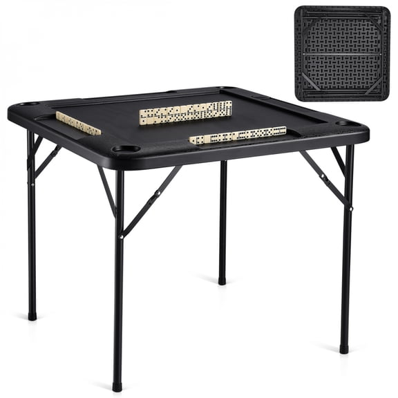 4-Player Folding Mahjong Table with 4 Cup Holders & 4 Chip Trays Waterproof HDPE Card Table for Home/Outdoor Multi-Game Use Black