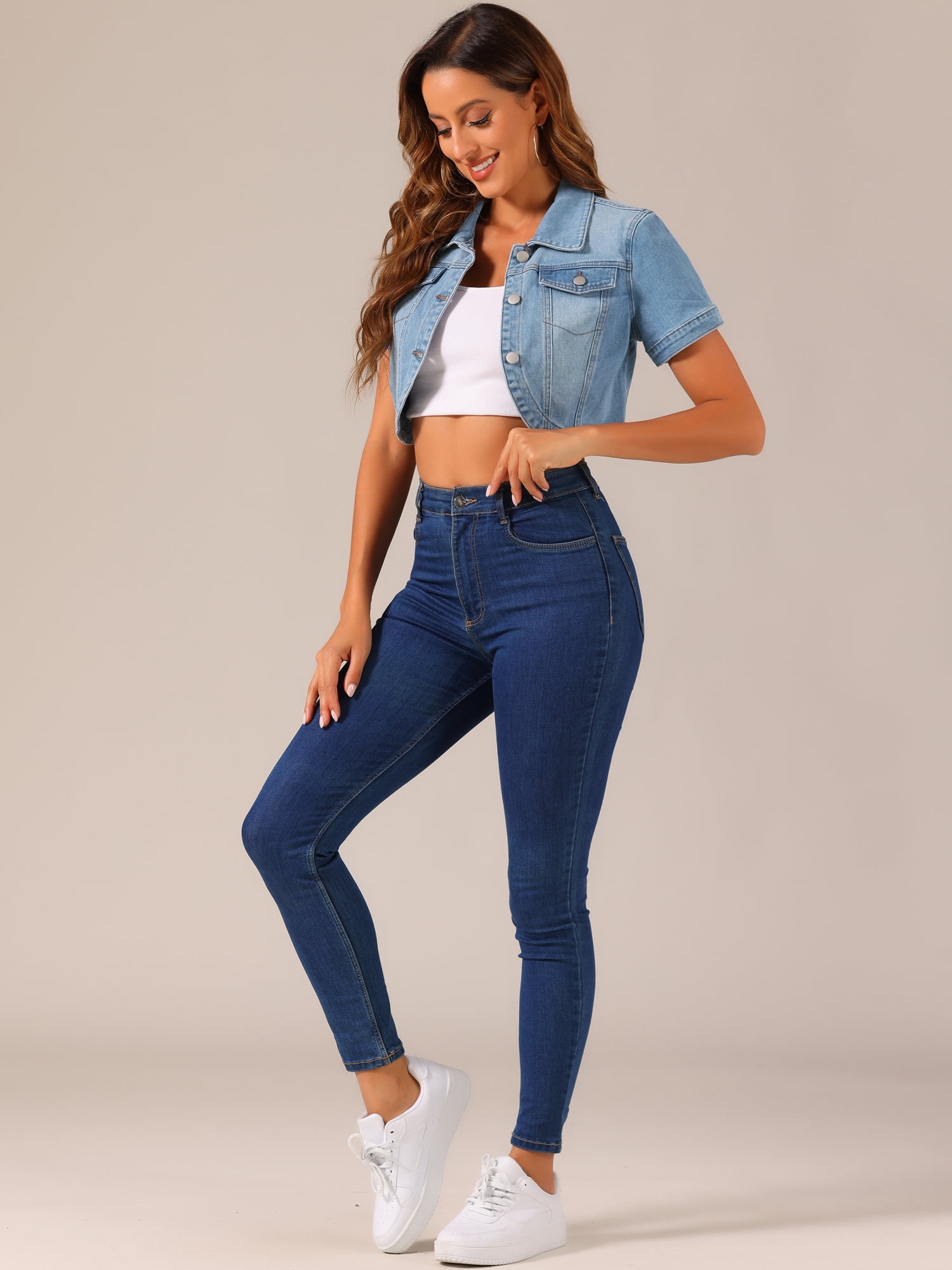 DARING DIVA Women's Summer Short Sleeves Crop Denim Jackets XS Light Blue