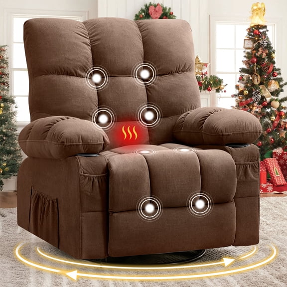 Alvantor Swivel Rocker Recliner Chair with Massage & Heat Single Rocker Sofa with Cup Holders for Bedroom Home Theater Brown