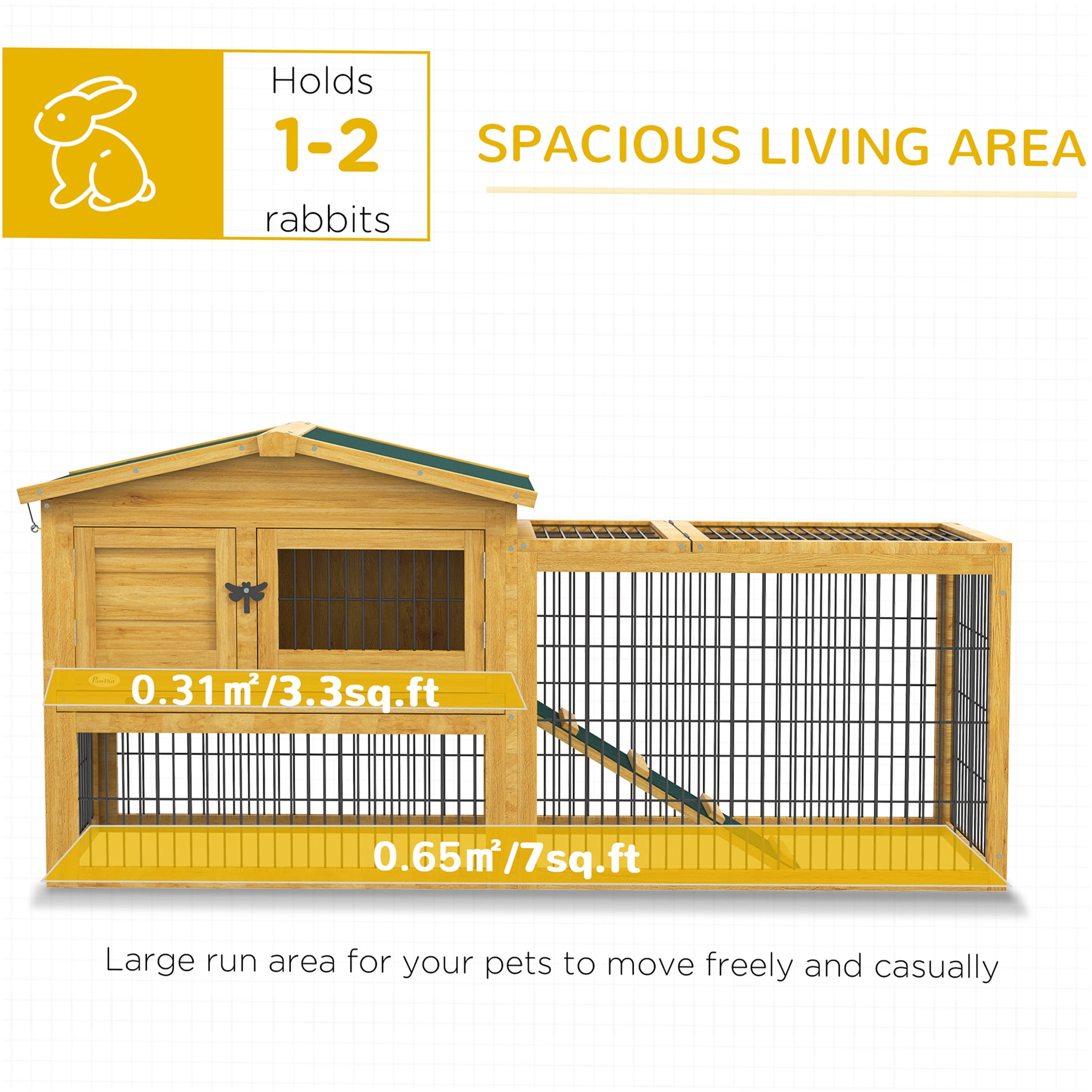 JERFIT 59 Inch Large 2-Story Outdoor Rabbit Hutch with Openable Roof & Removable Tray, Weatherproof Wooden Bunny Cage with Ramp, Yellow