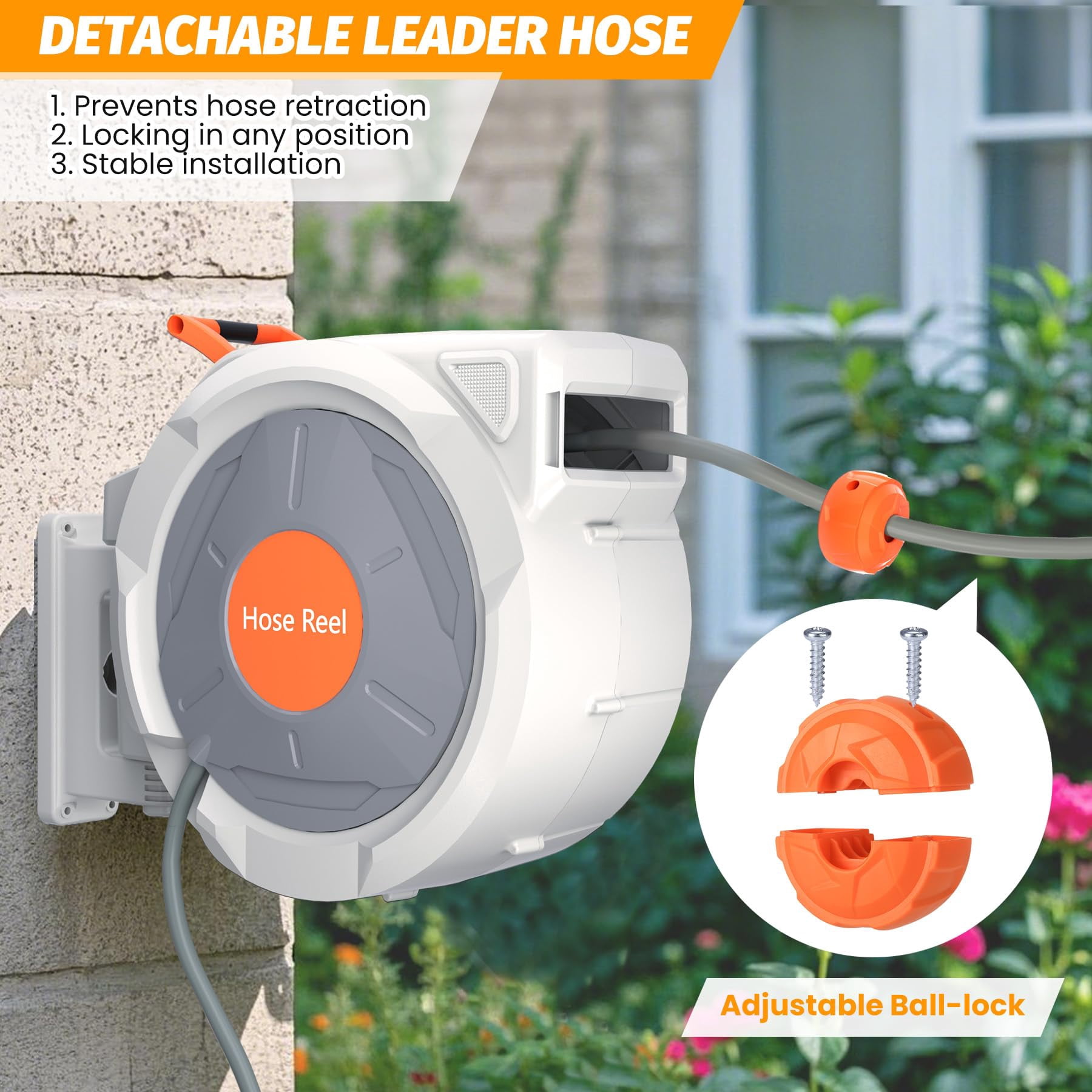 Retractable Garden Hose Reel, with 9 Patterns Nozzle, Any Length Lock, Upgraded Slow Return System and 180°Swivel Bracket, 1/2 Inch x 130 ft Wall Mounted
