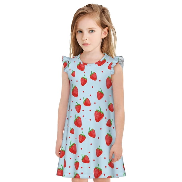 Fotbe Strawberry Vestido de Dormir para Niñas de 3 a 10 Años, Mangas Cortas, Estilo Princesa, Pijama Camisón con Mangas Voladas-Small