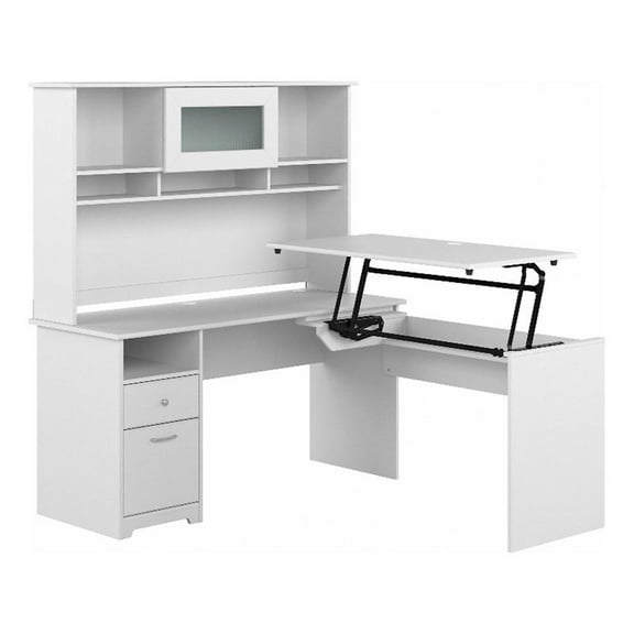 Pemberly Row 60W Sit to Stand L Desk with Hutch in White - Engineered Wood