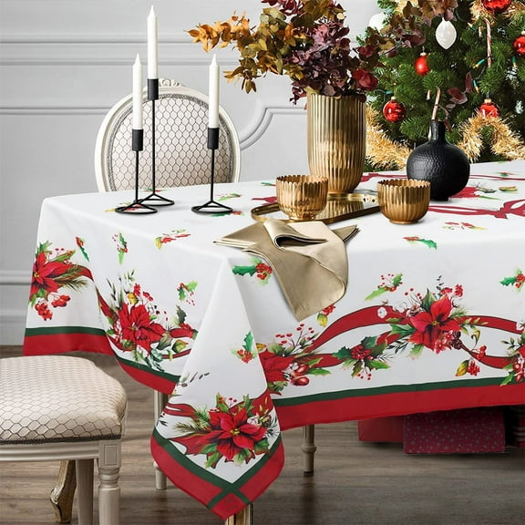 Red Christmas Table Cloth Rectangle 60" x 102" (8-10 Seats)- Washable Polyester Poinsettia Print Decoration Tablecloth for Kitchen Dinning, Holiday Dinner