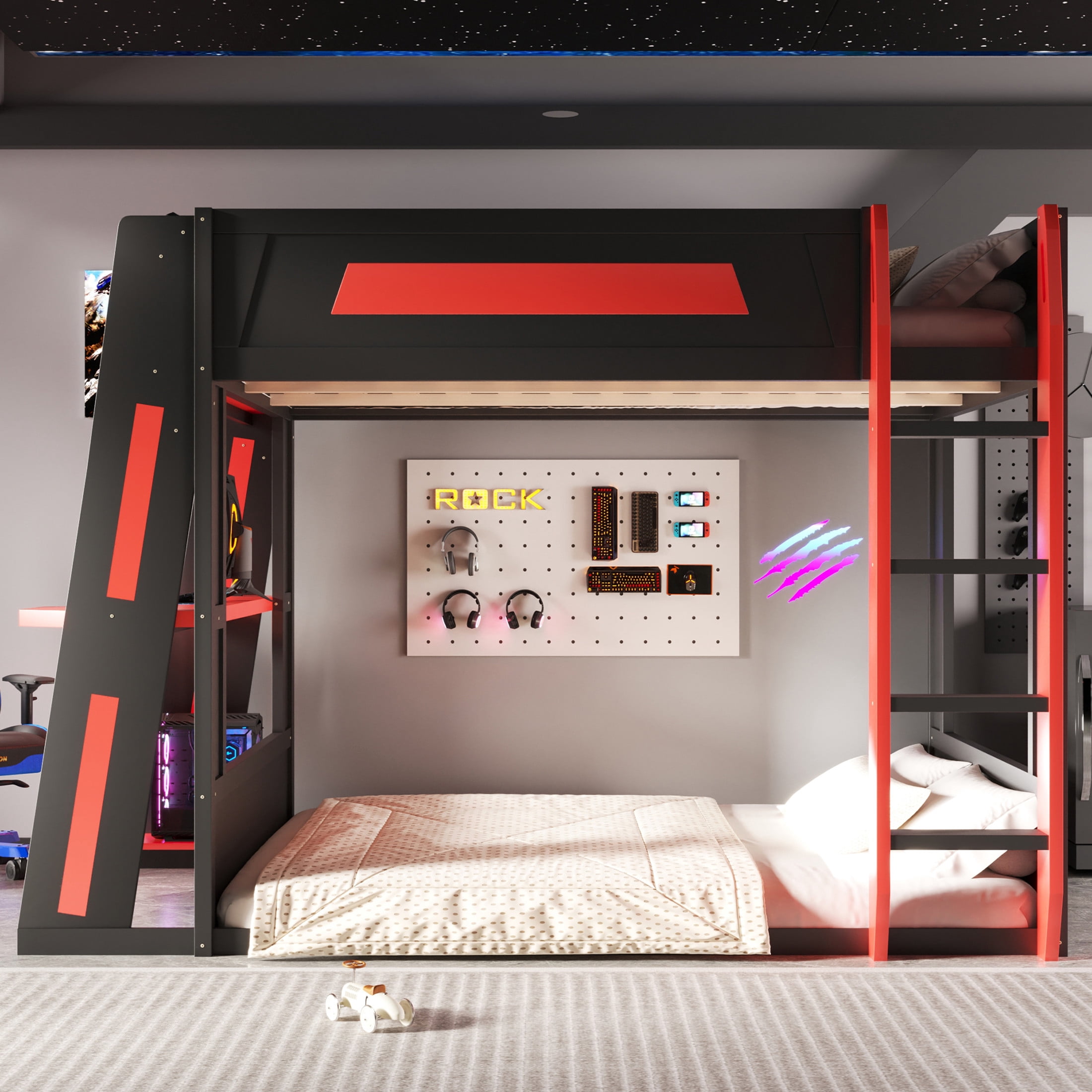 Noble House Nira Queen Gaming Bunk Bed with Desk and LED Lights, Wood Loft Bed with Charging Ports, Black and Red